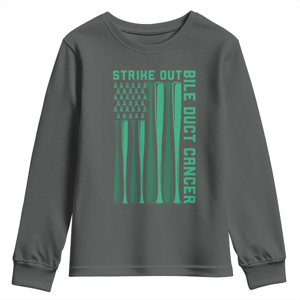 Strike Out Bile Duct Cancer Youth Sweatshirt Baseball American Flag Hope Gift TS12 Dark Heather Print Your Wear