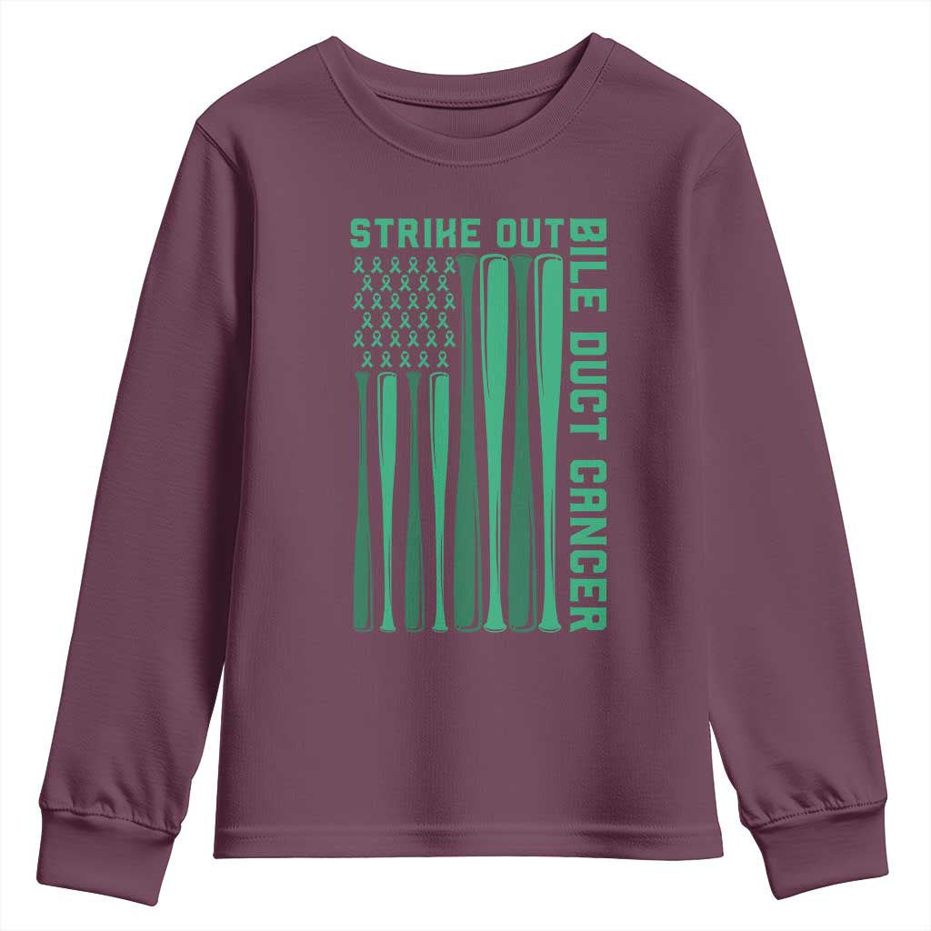 Strike Out Bile Duct Cancer Youth Sweatshirt Baseball American Flag Hope Gift TS12 Maroon Print Your Wear