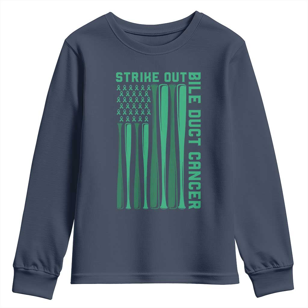 Strike Out Bile Duct Cancer Youth Sweatshirt Baseball American Flag Hope Gift TS12 Navy Print Your Wear