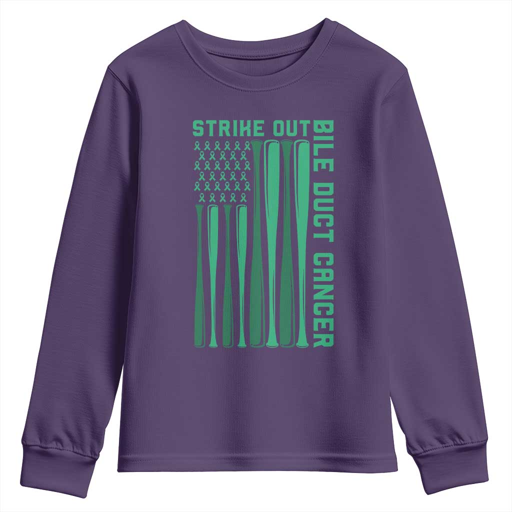 Strike Out Bile Duct Cancer Youth Sweatshirt Baseball American Flag Hope Gift TS12 Purple Print Your Wear