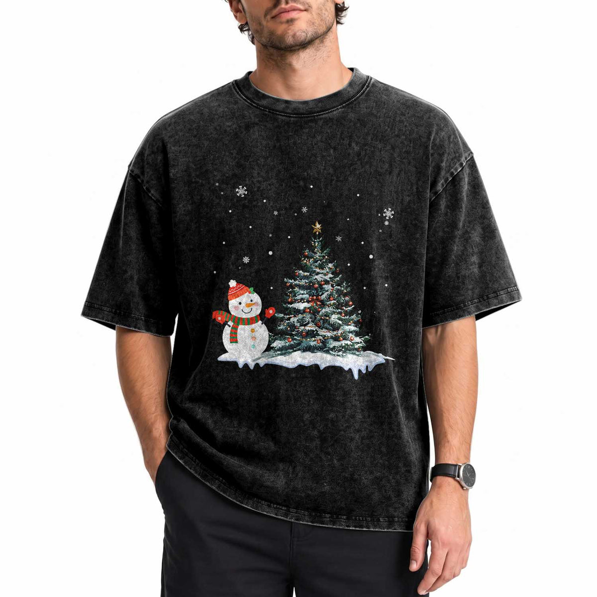 Christmas Snowman Washed Cotton T-Shirt Funny Snowmen With Christmas Tree