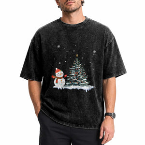 Christmas Snowman Washed Cotton T-Shirt Funny Snowmen With Christmas Tree