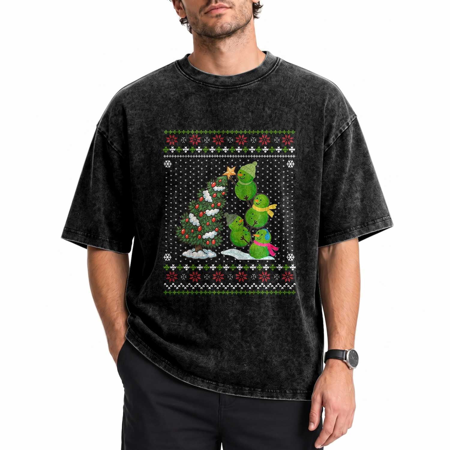 Christmas Snowman Squad Washed Cotton T-Shirt Funny Holiday Snowmen With Xmas Tree