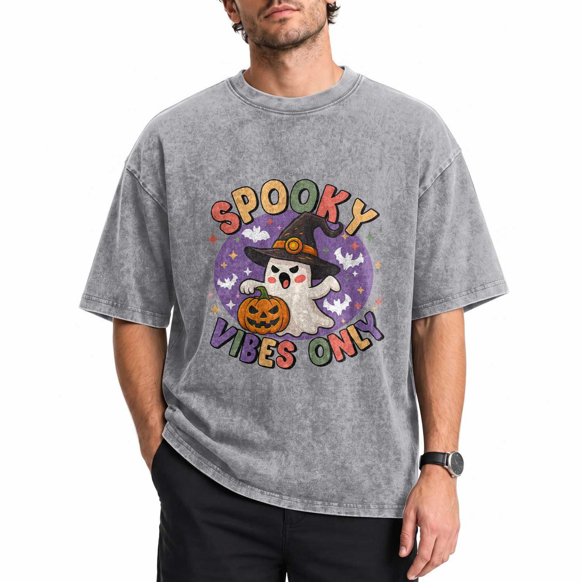 Cute Halloween Ghost Washed Cotton T-Shirt Spooky Vibes Only With Pumpkin