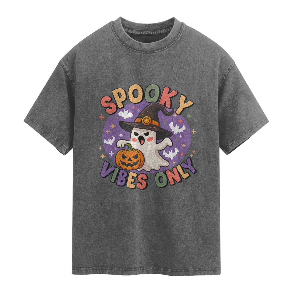 Cute Halloween Ghost Washed Cotton T-Shirt Spooky Vibes Only With Pumpkin
