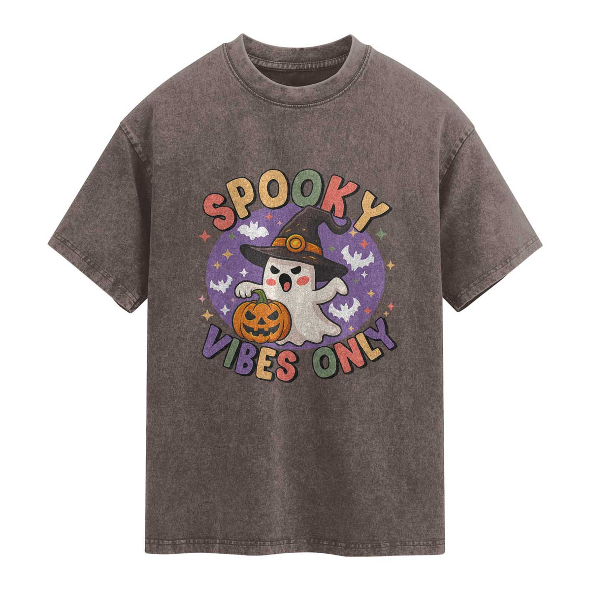 Cute Halloween Ghost Washed Cotton T-Shirt Spooky Vibes Only With Pumpkin