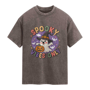 Cute Halloween Ghost Washed Cotton T-Shirt Spooky Vibes Only With Pumpkin