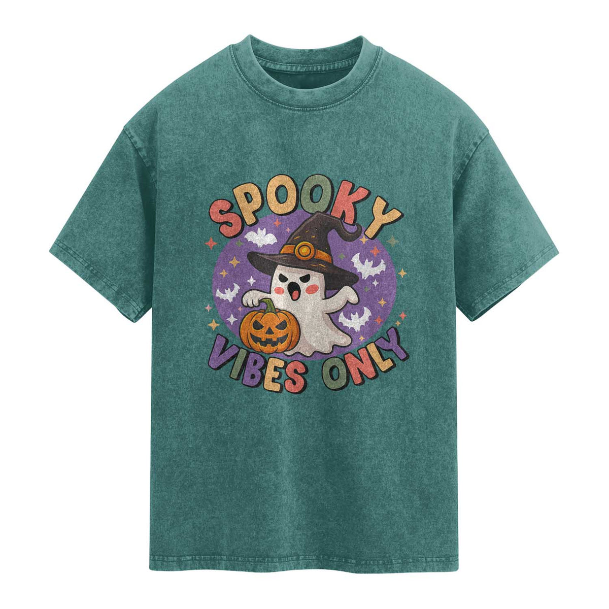 Cute Halloween Ghost Washed Cotton T-Shirt Spooky Vibes Only With Pumpkin
