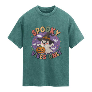 Cute Halloween Ghost Washed Cotton T-Shirt Spooky Vibes Only With Pumpkin