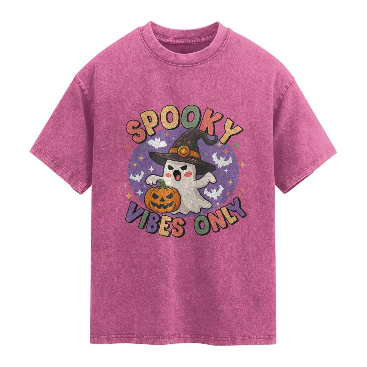 Cute Halloween Ghost Washed Cotton T-Shirt Spooky Vibes Only With Pumpkin