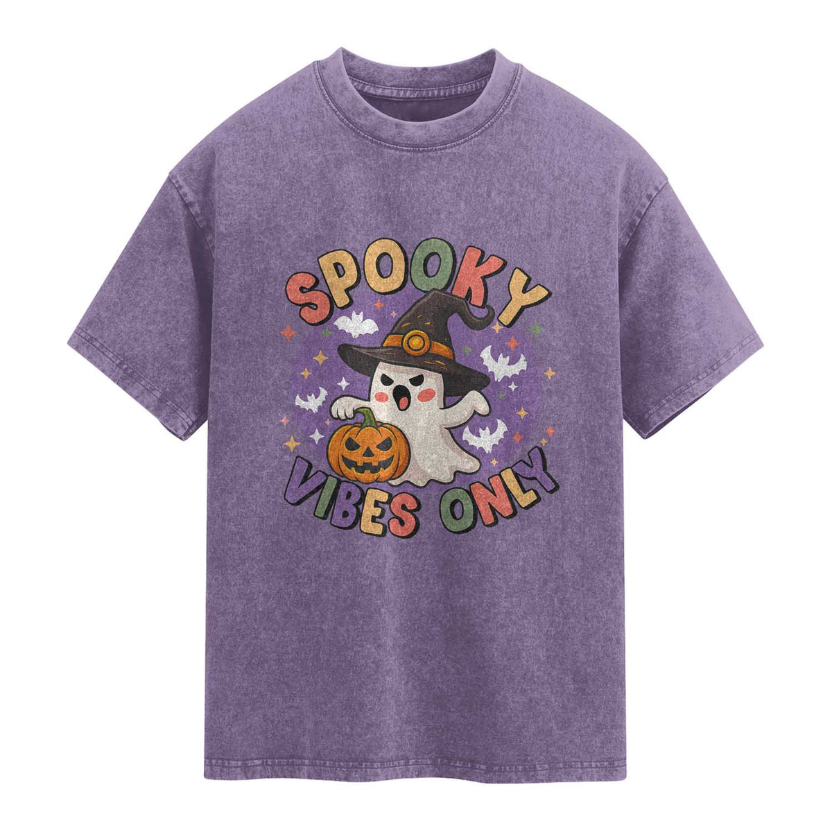 Cute Halloween Ghost Washed Cotton T-Shirt Spooky Vibes Only With Pumpkin