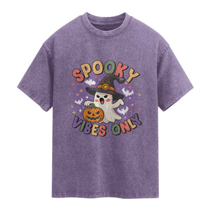 Cute Halloween Ghost Washed Cotton T-Shirt Spooky Vibes Only With Pumpkin