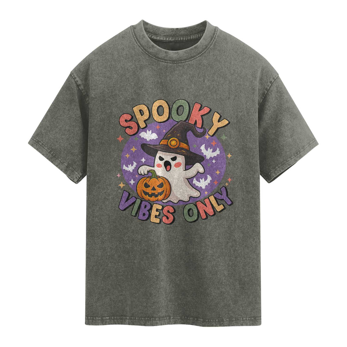 Cute Halloween Ghost Washed Cotton T-Shirt Spooky Vibes Only With Pumpkin