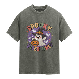 Cute Halloween Ghost Washed Cotton T-Shirt Spooky Vibes Only With Pumpkin