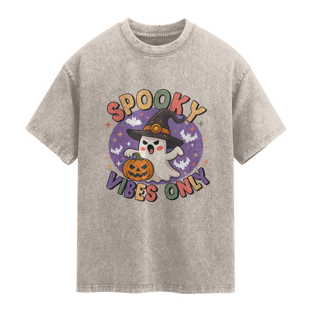 Cute Halloween Ghost Washed Cotton T-Shirt Spooky Vibes Only With Pumpkin