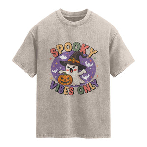 Cute Halloween Ghost Washed Cotton T-Shirt Spooky Vibes Only With Pumpkin
