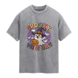 Cute Halloween Ghost Washed Cotton T-Shirt Spooky Vibes Only With Pumpkin