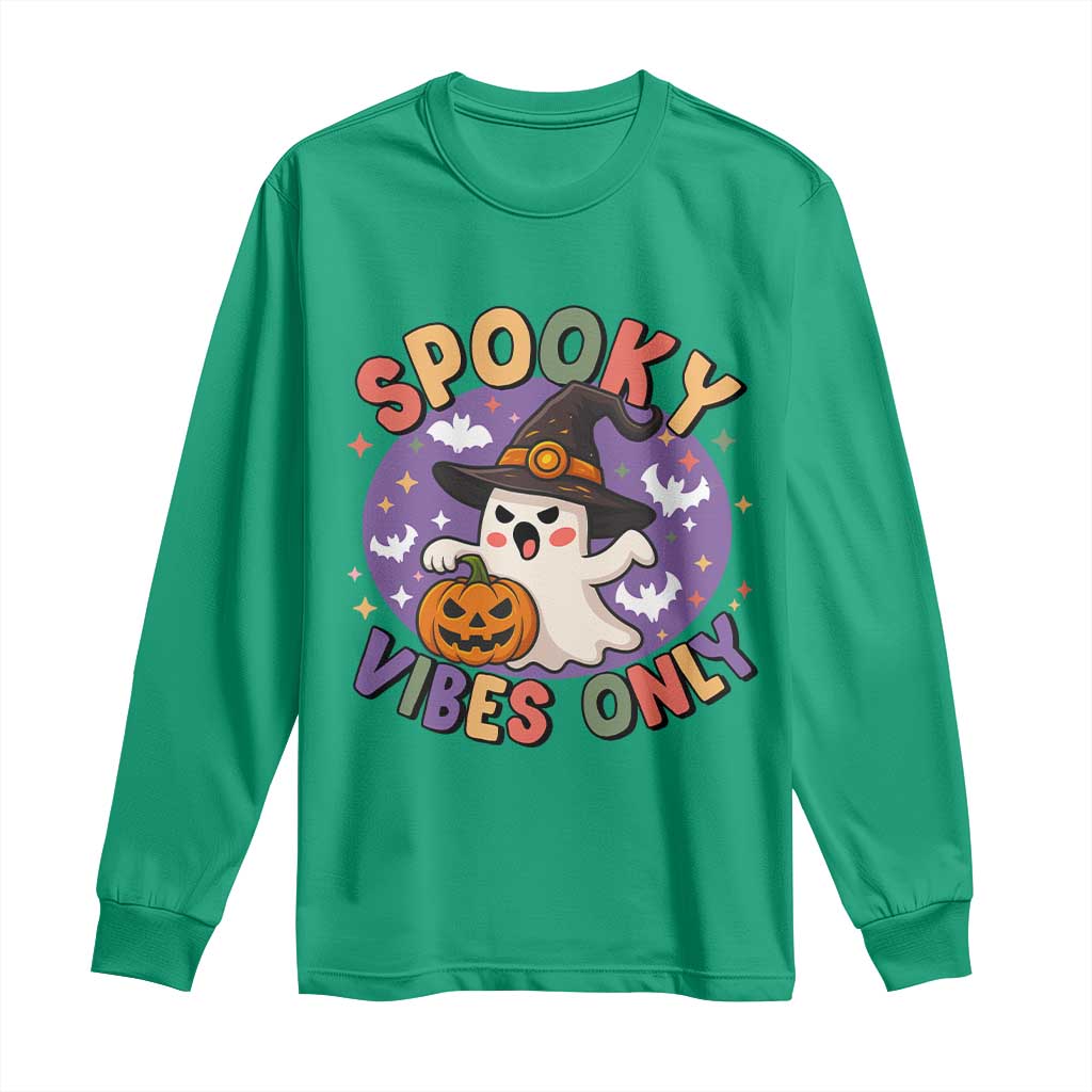 Cute Halloween Ghost Long Sleeve Shirt Spooky Vibes Only With Pumpkin TS12 Irish Green Print Your Wear