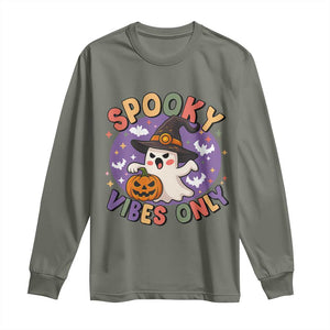 Cute Halloween Ghost Long Sleeve Shirt Spooky Vibes Only With Pumpkin TS12 Military Green Print Your Wear
