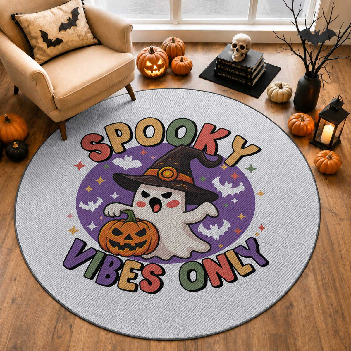 Cute Halloween Ghost Round Rug Spooky Vibes Only With Pumpkin