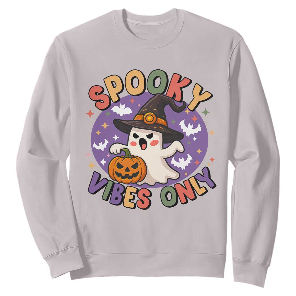 Cute Halloween Ghost Sweatshirt Spooky Vibes Only With Pumpkin TS12 Ice Gray Print Your Wear