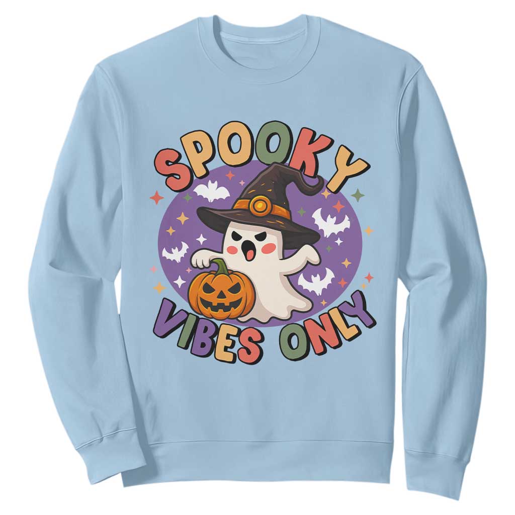 Cute Halloween Ghost Sweatshirt Spooky Vibes Only With Pumpkin TS12 Light Blue Print Your Wear