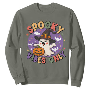 Cute Halloween Ghost Sweatshirt Spooky Vibes Only With Pumpkin TS12 Military Green Print Your Wear