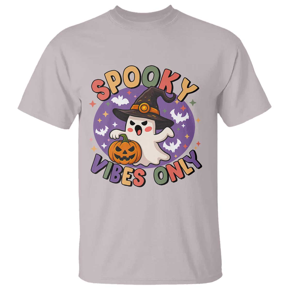 Cute Halloween Ghost T Shirt Spooky Vibes Only With Pumpkin TS12 Ice Gray Print Your Wear
