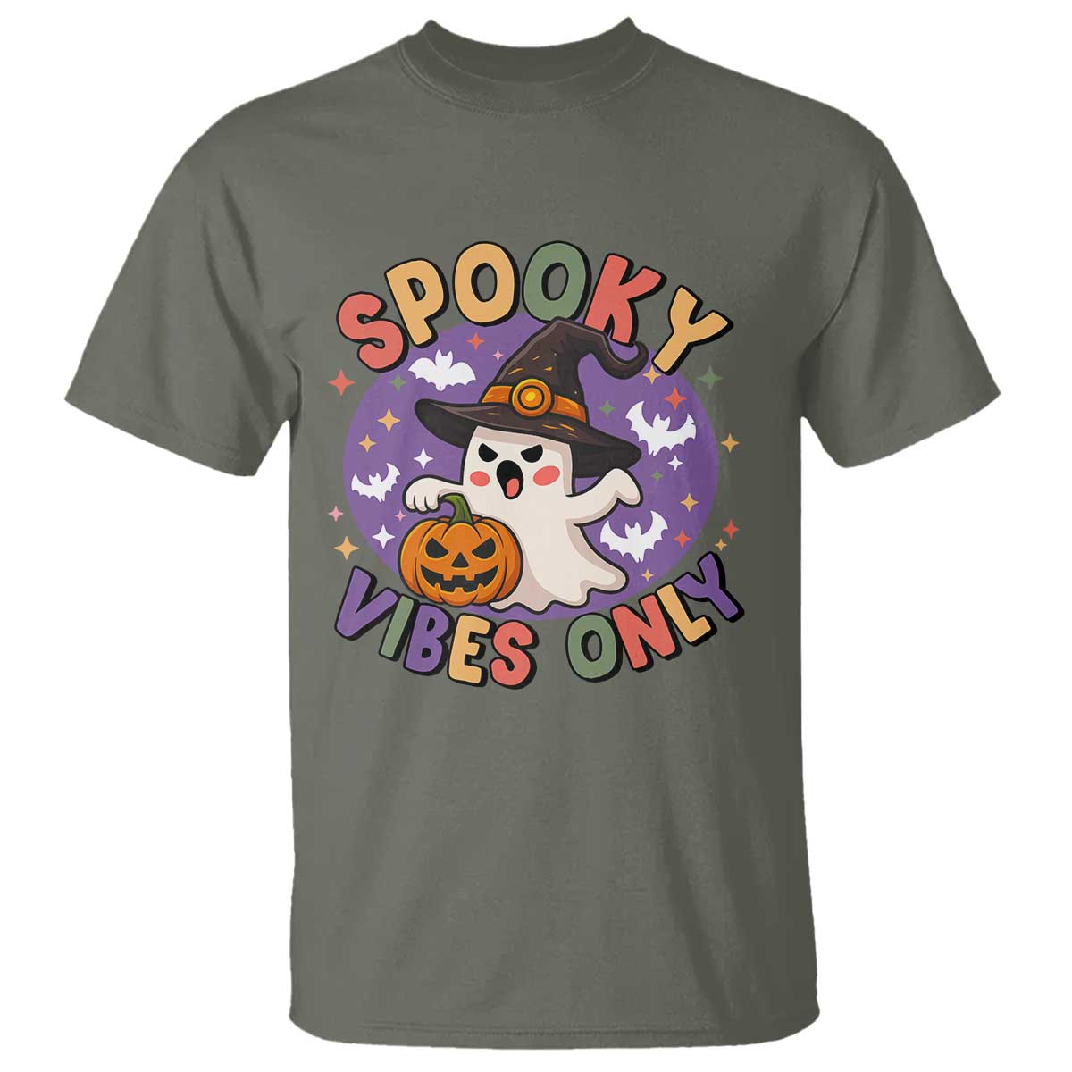 Cute Halloween Ghost T Shirt Spooky Vibes Only With Pumpkin TS12 Military Green Print Your Wear