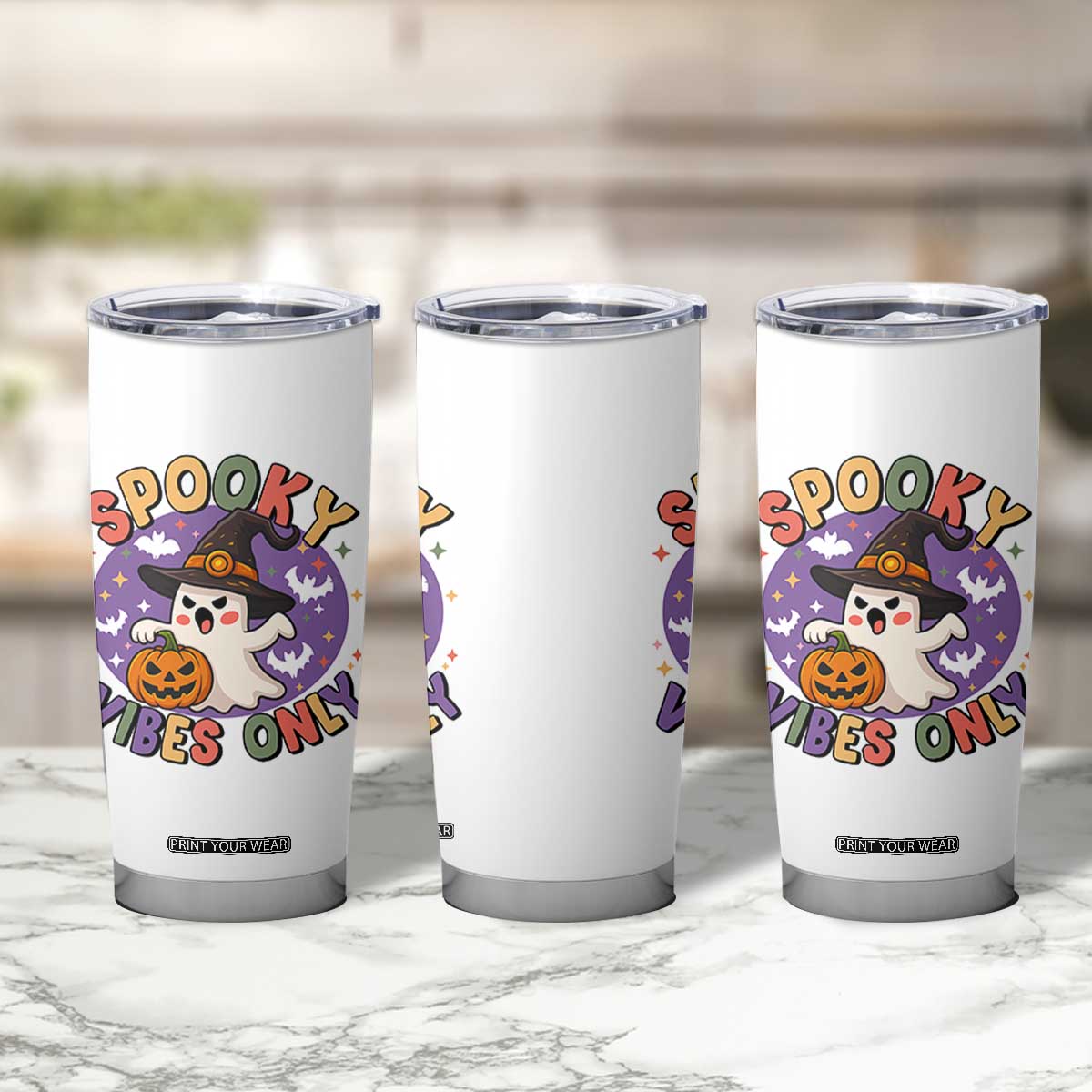 Cute Halloween Ghost Tumbler Cup Spooky Vibes Only With Pumpkin TS12 Print Your Wear
