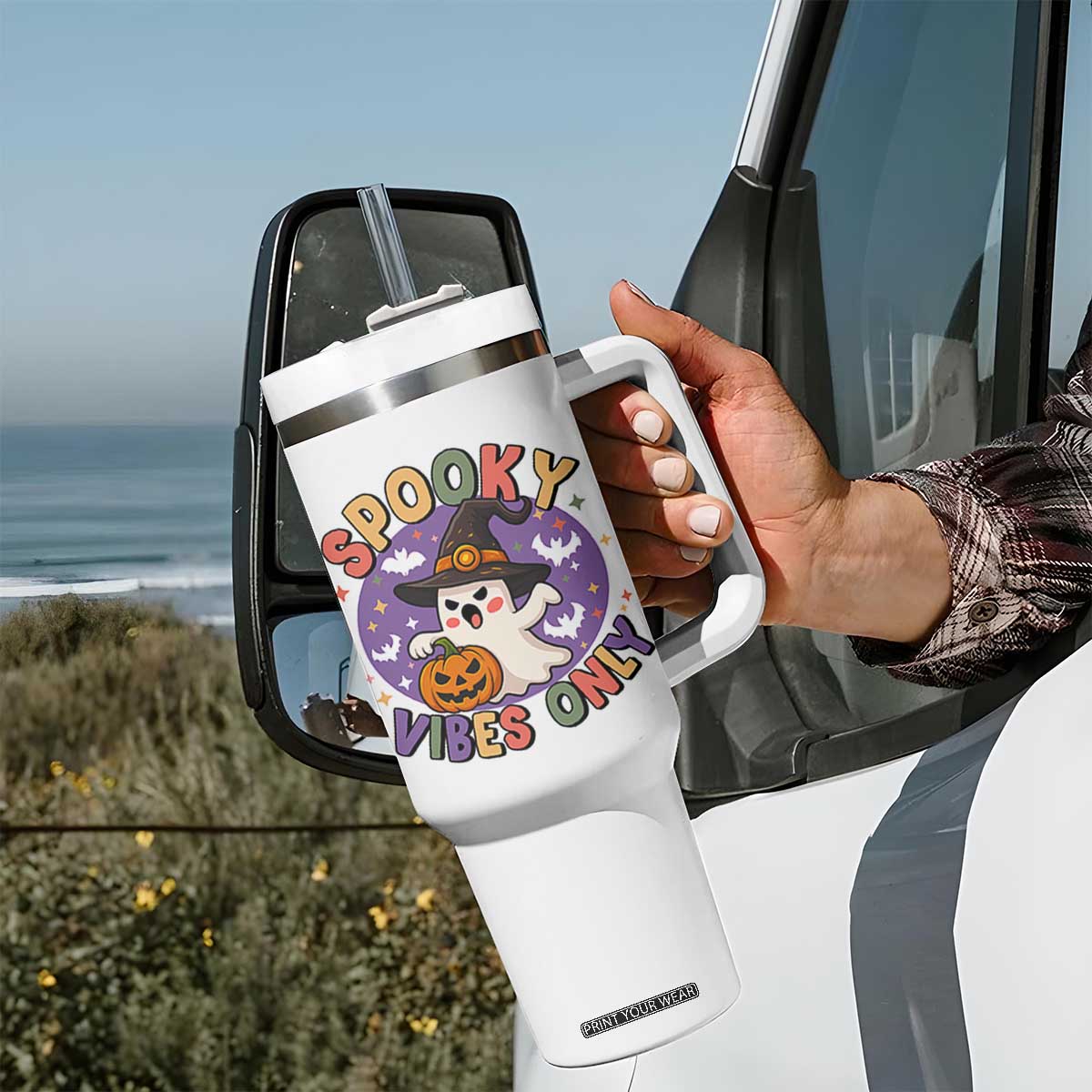 Cute Halloween Ghost Tumbler With Handle Spooky Vibes Only With Pumpkin TS12 Print Your Wear