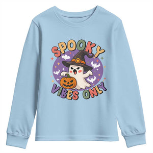Cute Halloween Ghost Youth Sweatshirt Spooky Vibes Only With Pumpkin TS12 Light Blue Print Your Wear