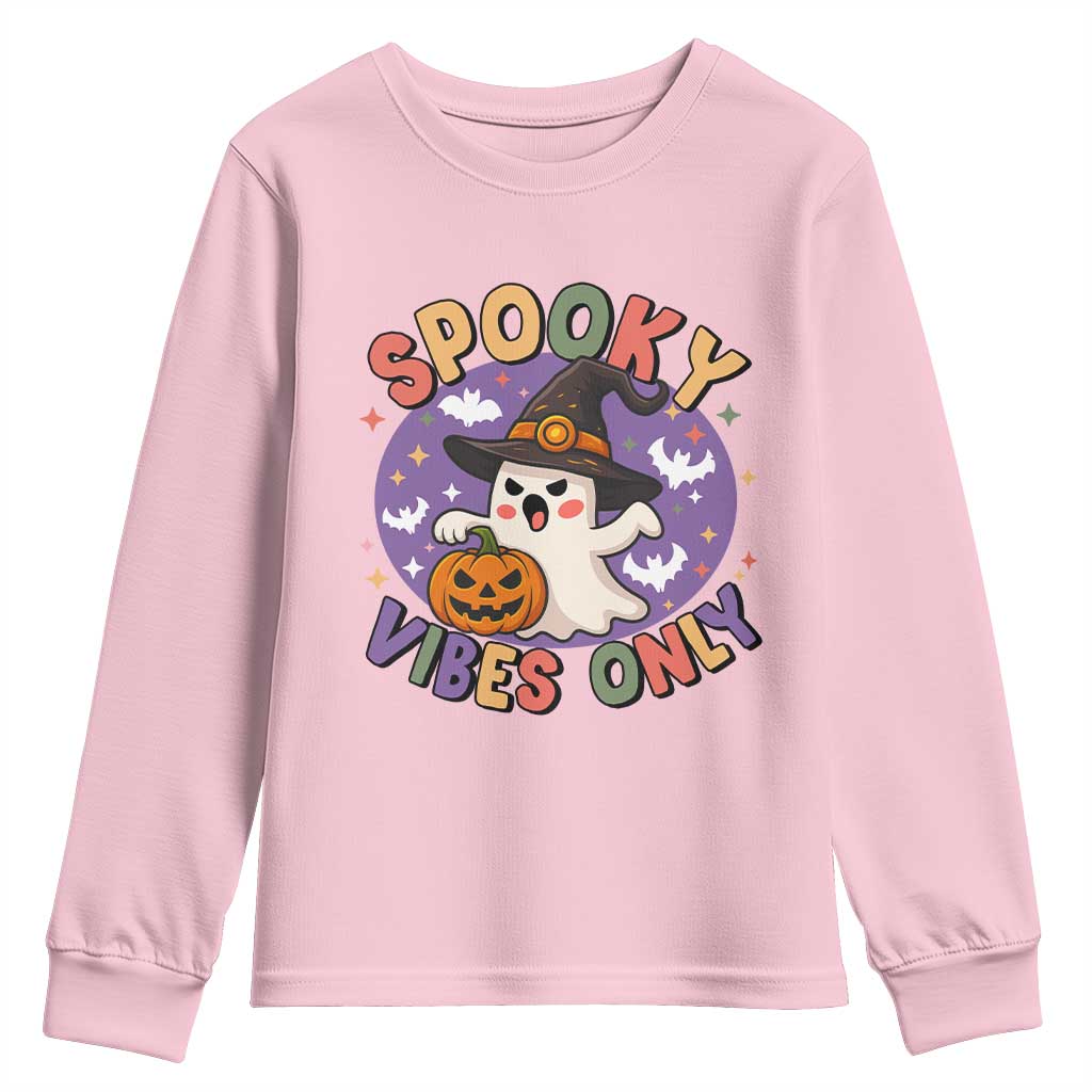 Cute Halloween Ghost Youth Sweatshirt Spooky Vibes Only With Pumpkin TS12 Light Pink Print Your Wear