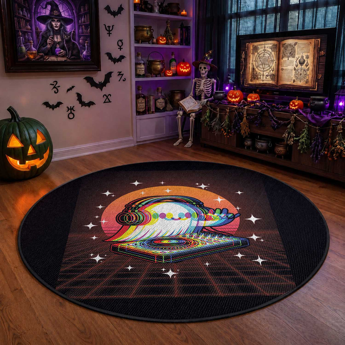 Halloween Ghost Round Rug Funny Trippy Vaporwave DJ Music Party