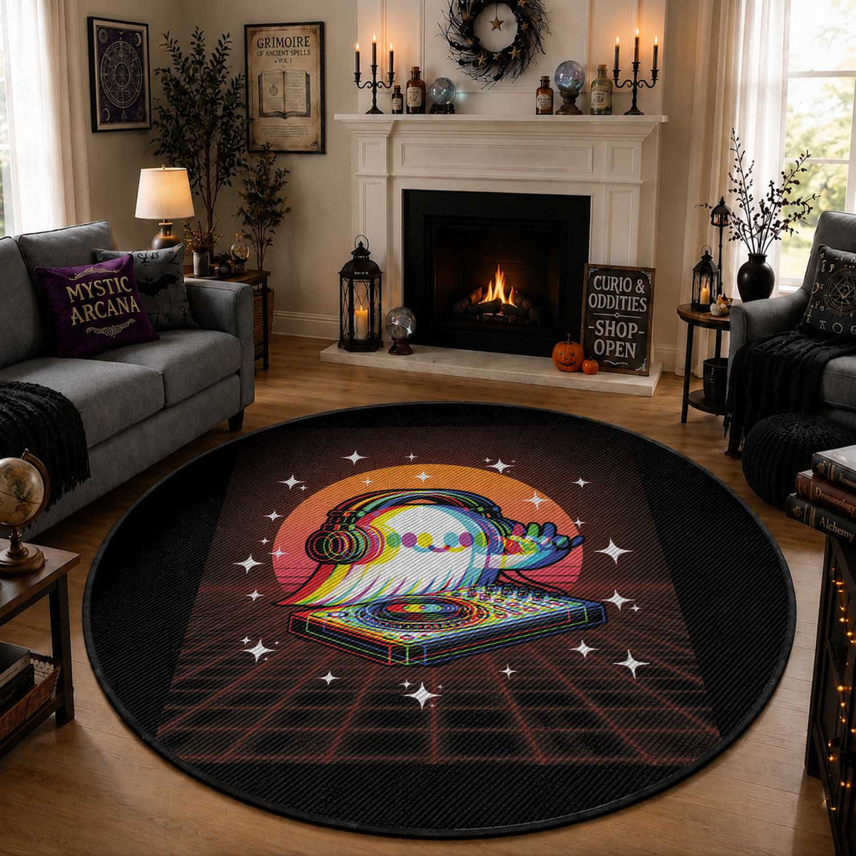 Halloween Ghost Round Rug Funny Trippy Vaporwave DJ Music Party