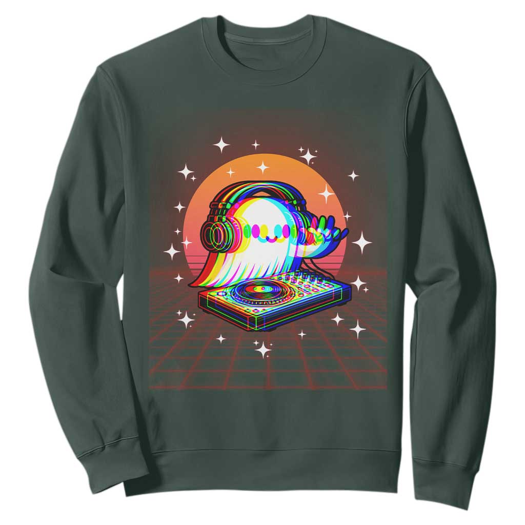 Halloween Ghost Sweatshirt Funny Trippy Vaporwave DJ Music Party TS12 Dark Forest Green Print Your Wear