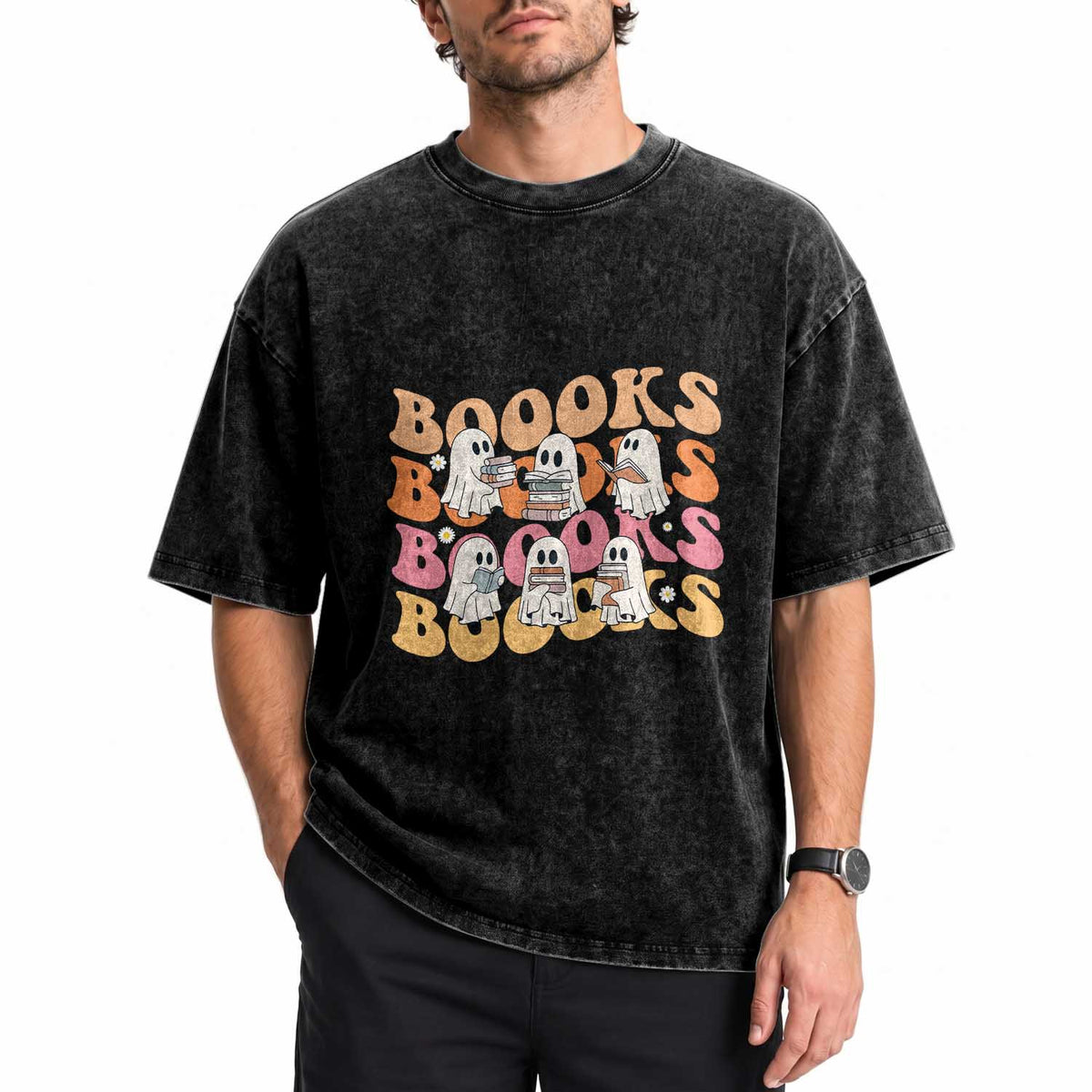 Bookish Ghost Halloween Washed Cotton T-Shirt Funny Book Lover And Spooky Squad