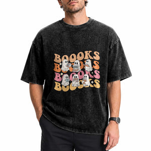 Bookish Ghost Halloween Washed Cotton T-Shirt Funny Book Lover And Spooky Squad