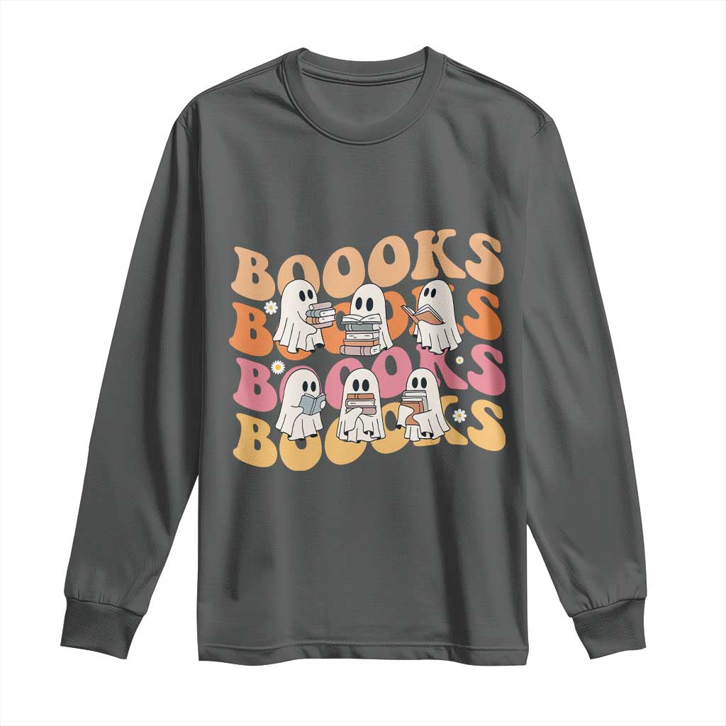 Bookish Ghost Halloween Long Sleeve Shirt Funny Book Lover And Spooky Squad TS12 Dark Heather Print Your Wear
