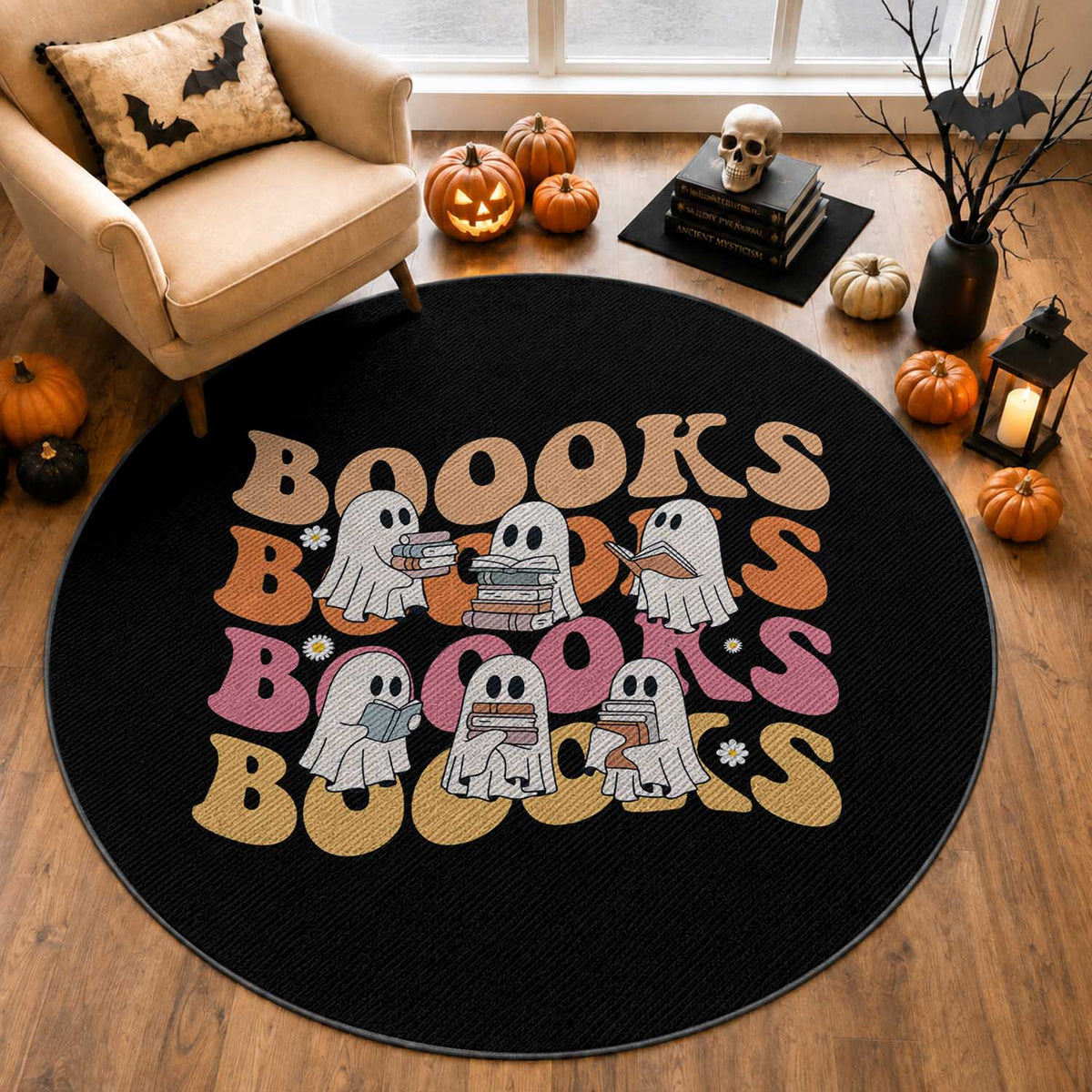 Bookish Ghost Halloween Round Rug Funny Book Lover And Spooky Squad