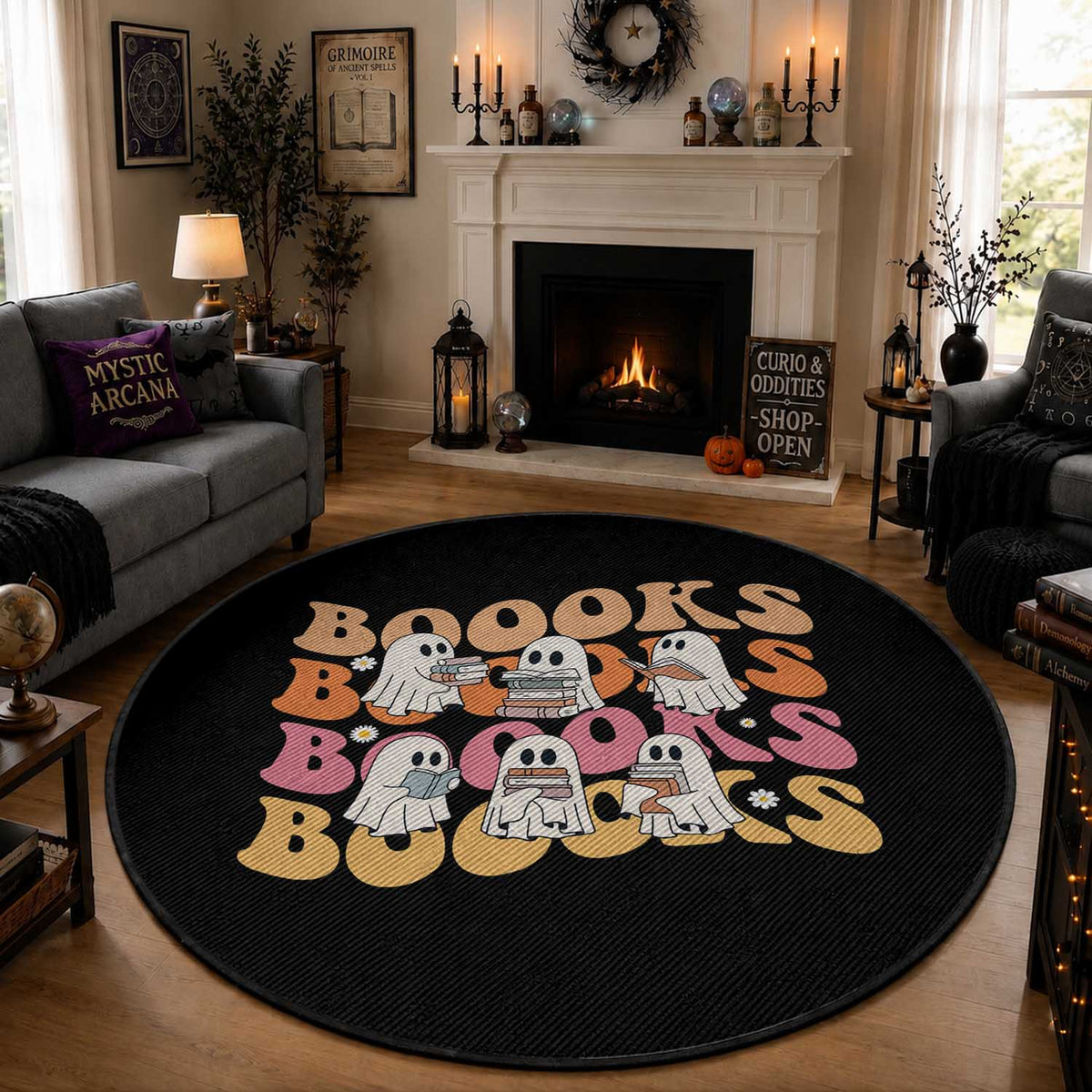 Bookish Ghost Halloween Round Rug Funny Book Lover And Spooky Squad