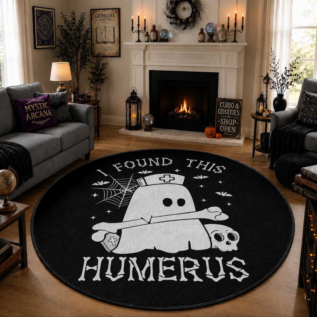 Cute Halloween Nurse I Found This Humerus Ghost Bone Pun Round Rug