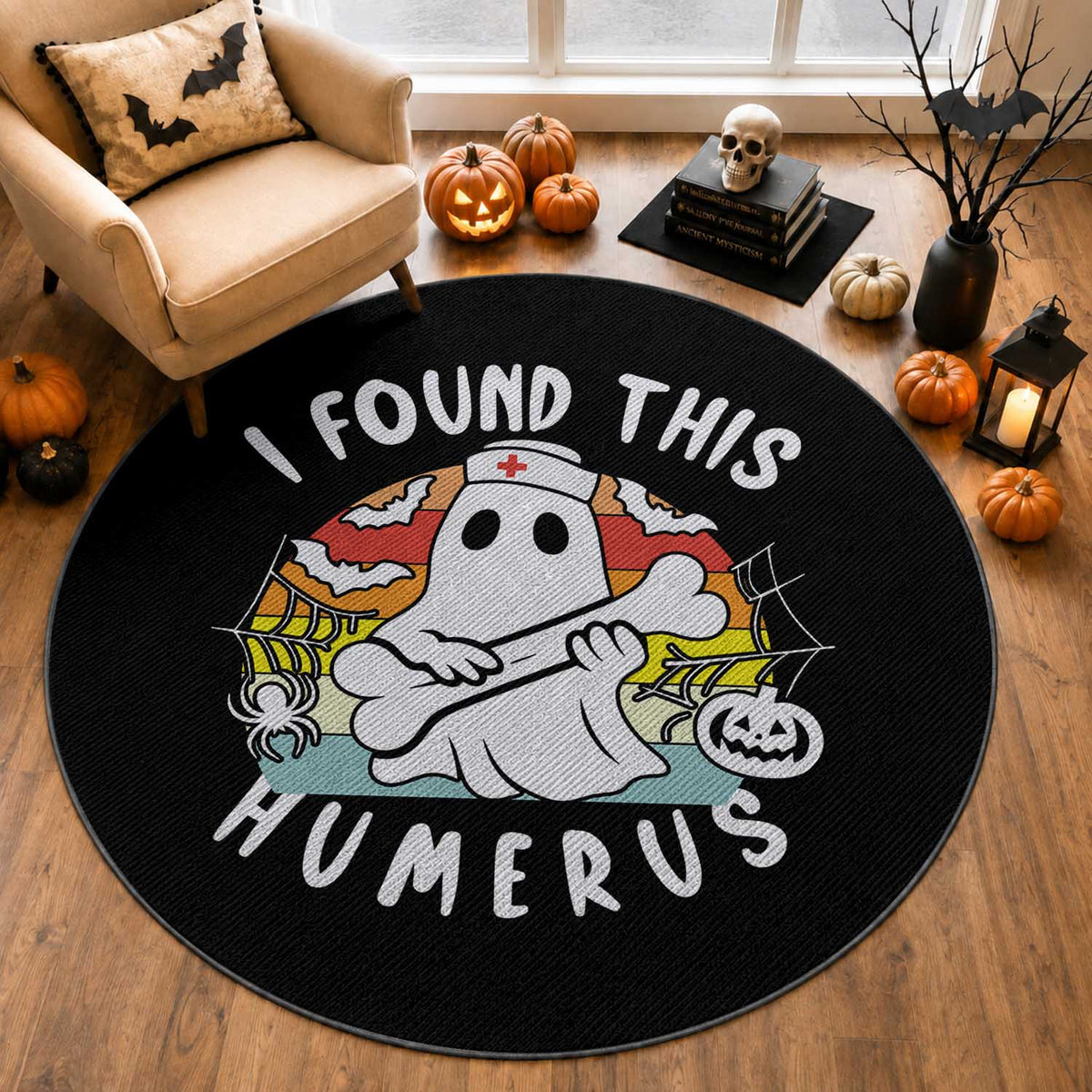 Halloween Ghost Nurse Round Rug I Found This Humerus Bone Pun