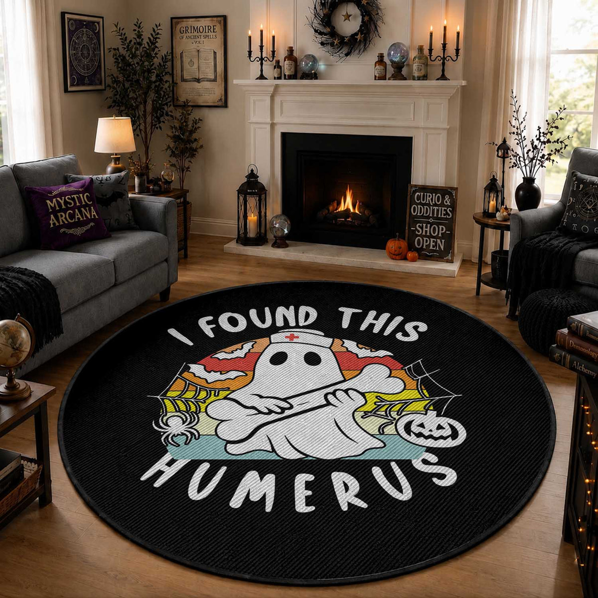 Halloween Ghost Nurse Round Rug I Found This Humerus Bone Pun