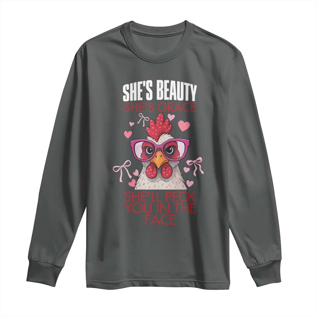 She Will Peck You In The Face Long Sleeve Shirt Funny Chicken Lover TS12 Dark Heather Print Your Wear