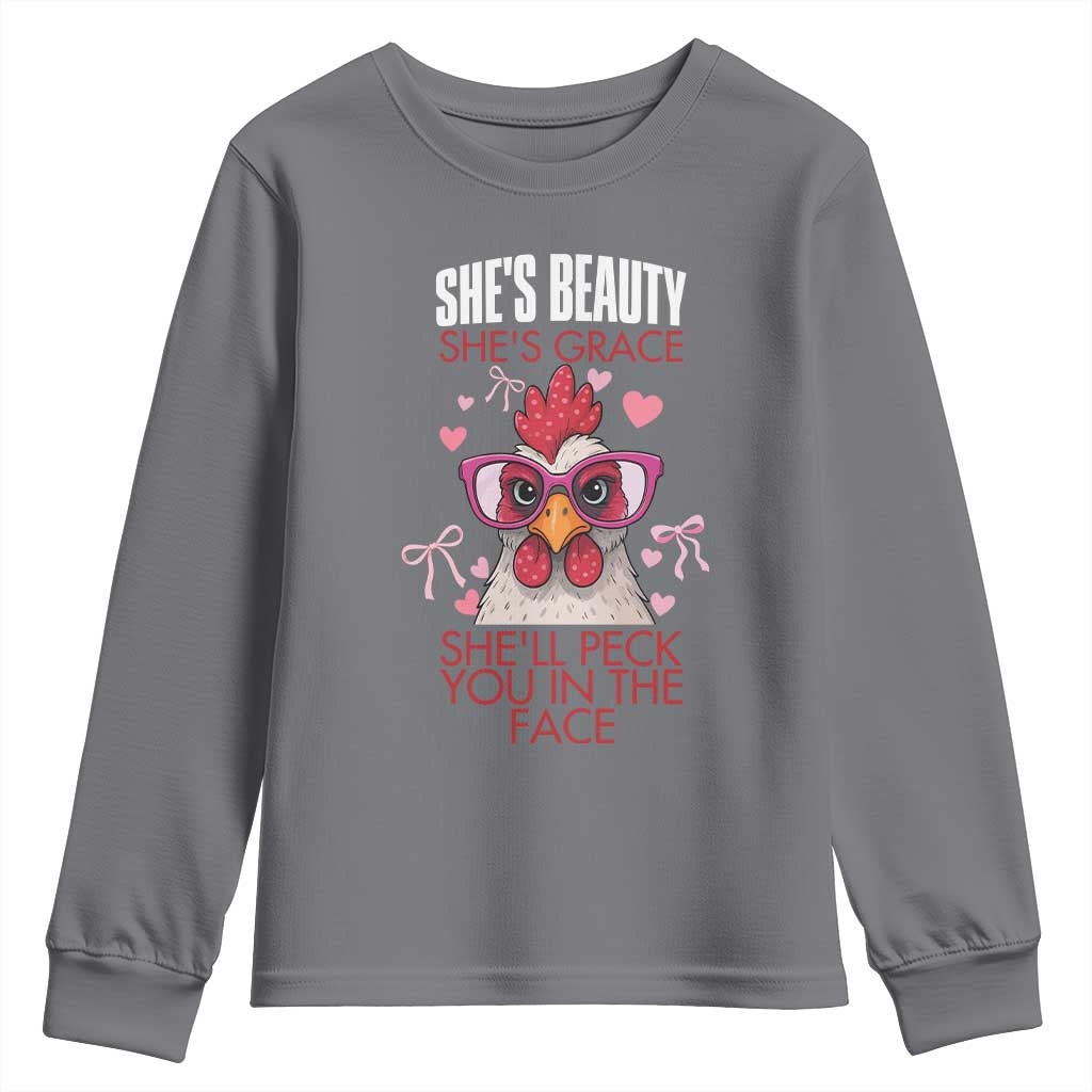 She Will Peck You In The Face Youth Sweatshirt Funny Chicken Lover TS12 Charcoal Print Your Wear