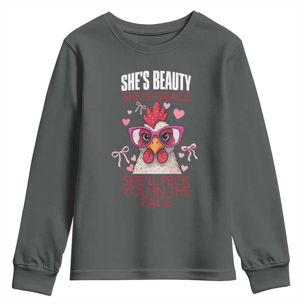 She Will Peck You In The Face Youth Sweatshirt Funny Chicken Lover TS12 Dark Heather Print Your Wear