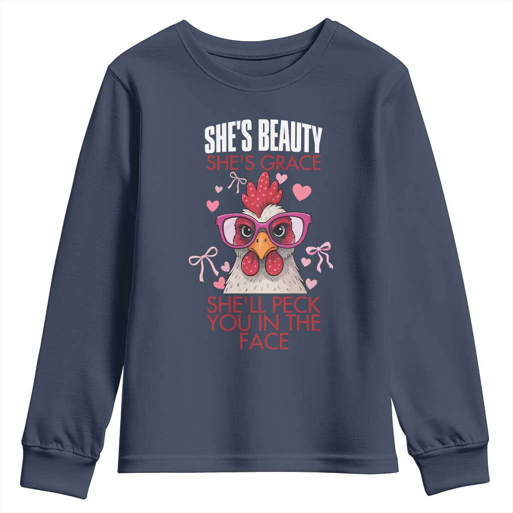 She Will Peck You In The Face Youth Sweatshirt Funny Chicken Lover TS12 Navy Print Your Wear