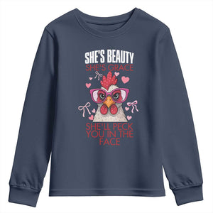 She Will Peck You In The Face Youth Sweatshirt Funny Chicken Lover TS12 Navy Print Your Wear