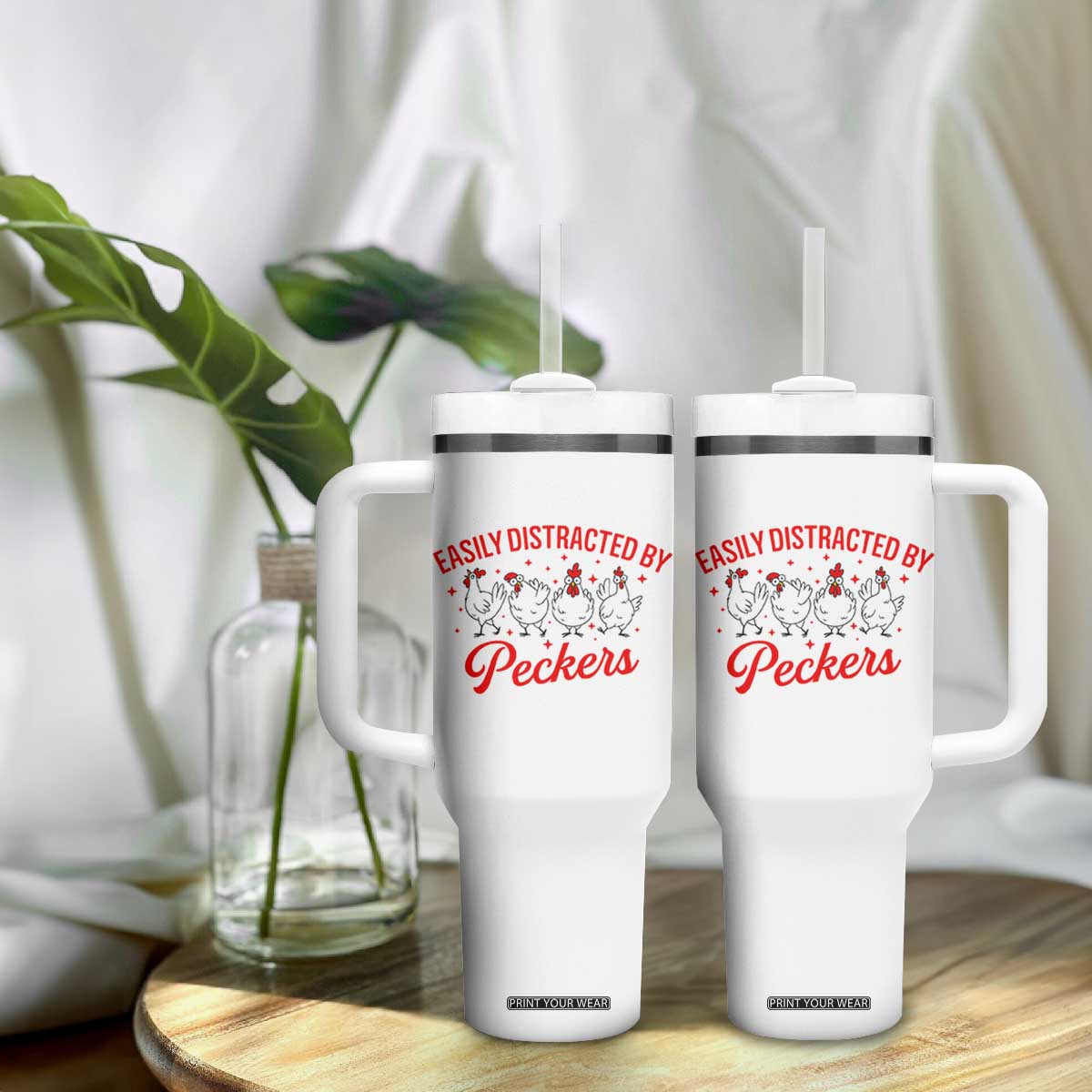 Funny Chicken Lover Gift Tumbler With Handle Easily Distracted By Peckers TS12 Print Your Wear
